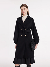 a lady in black double-faced wool lapel lantern sleeve coat